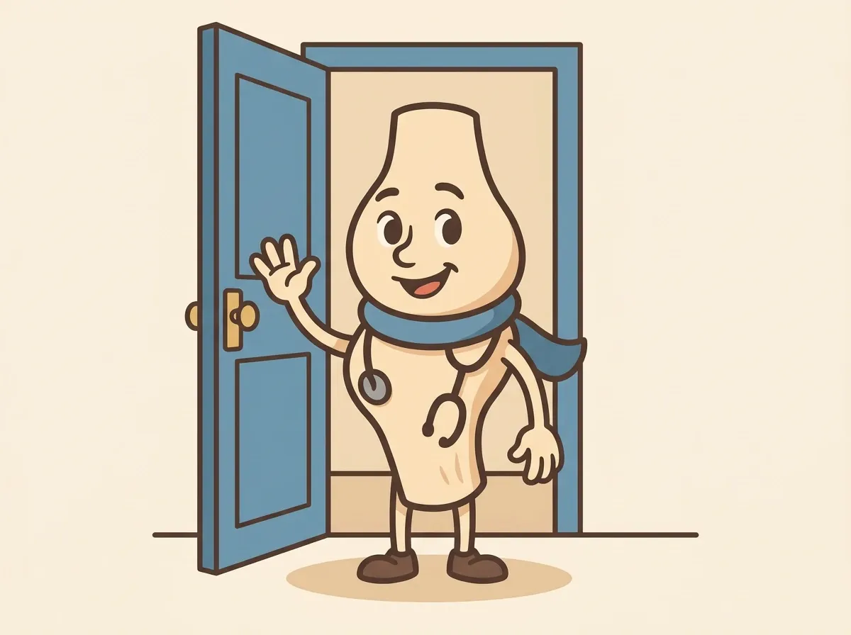 Artie waving hello from an open blue doorway