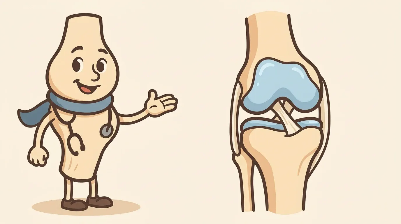 Artie presenting a cartoon knee joint: thigh bone, shin bone, blue cartilage on the bone ends and ligaments at the sides