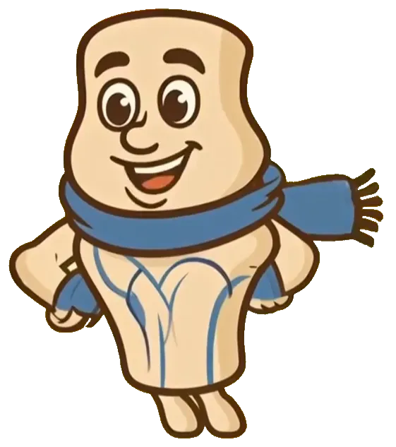 Artie the Joint, a cheerful cartoon knee joint in a blue scarf, standing with his hands on his hips