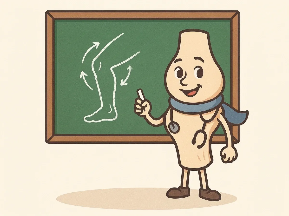 Artie at a chalkboard with a chalk drawing of a bending leg