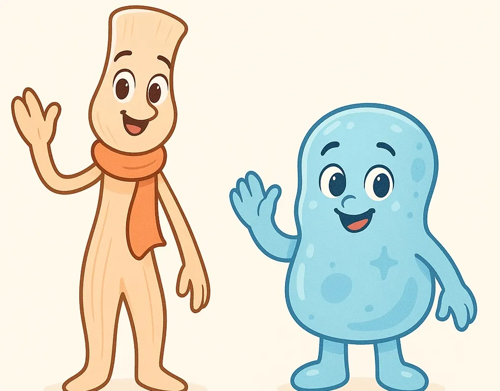 Artie's friends Flexa the Ligament and Carti the Cartilage Kid, waving hello