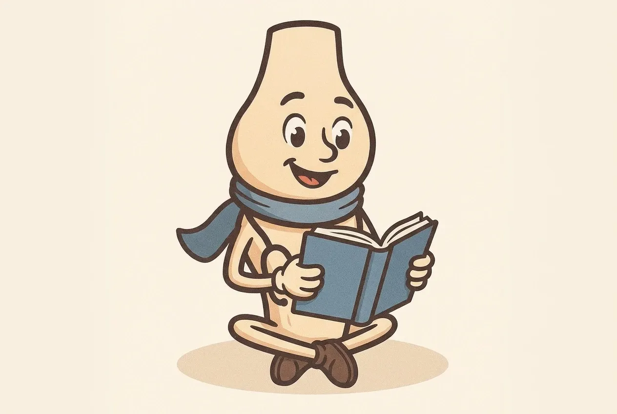 Artie sitting cross-legged, reading a blue book
