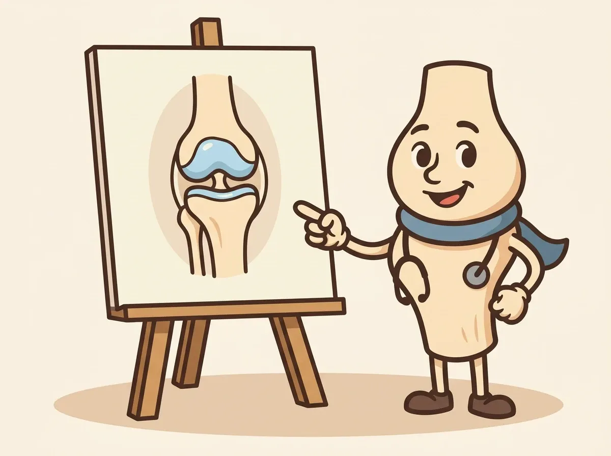 Artie pointing to a simple drawing of a knee joint on an easel